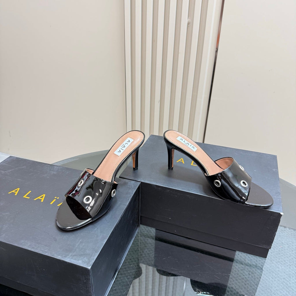 Alaia 2025 Oeillets Embellished Leather Sandals Glossy Black Lambskin 299668