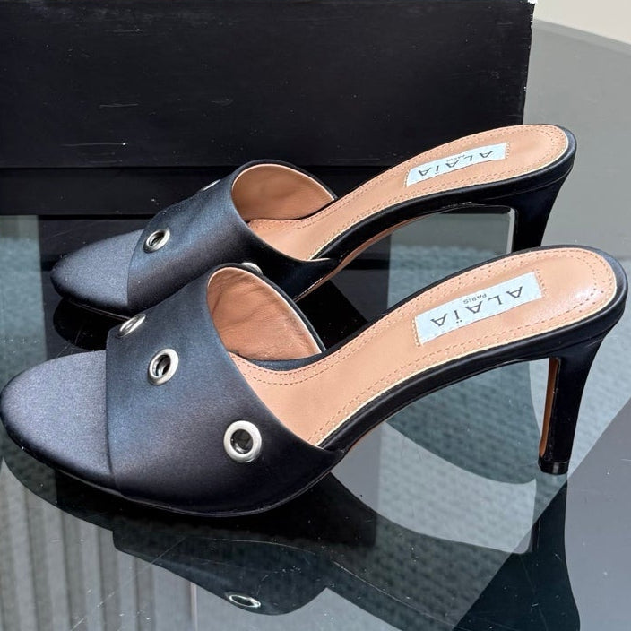 Alaia 2025 Oeillets Embellished Leather Sandals Black Lambskin 299669