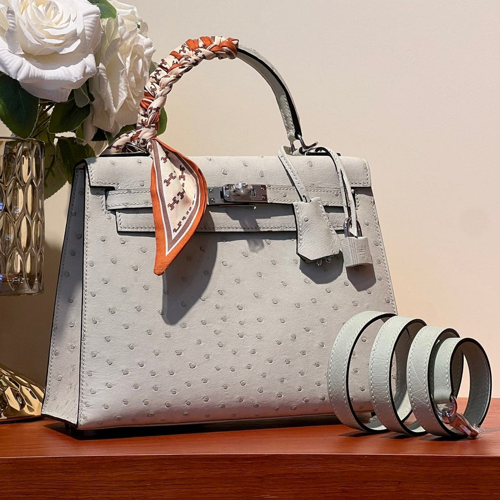 KELLY SELLIER 25 BAG IN PALE GRAY OSTRICH LEATHER WITH SILVER HARDWARE (MADE - TO - ODER)