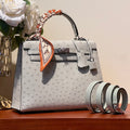 KELLY SELLIER 25 BAG IN PALE GRAY OSTRICH LEATHER WITH SILVER HARDWARE (MADE - TO - ODER)