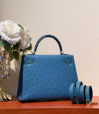 KELLY SELLIER 25 BAG IN ROYAL BLUE OSTRICH LEATHER (MADE - TO - ODER)
