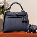 KELLY SELLIER 25 BAG IN PRUSSIAN BLUE OSTRICH LEATHER WITH GOLD HARDWARE (MADE - TO - ODER)