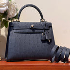 KELLY SELLIER 25 BAG IN PRUSSIAN BLUE OSTRICH LEATHER WITH GOLD HARDWARE (MADE - TO - ODER)