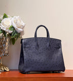 KELLY SELLIER 25 BAG IN SPACE BLUE OSTRICH LEATHER WITH SILVER HARDWARE (MADE - TO - ODER)