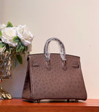KELLY SELLIER 25 BAG IN PEACAN BROWN OSTRICH LEATHER WITH GOLD RHINSTONES (MADE - TO - ODER)