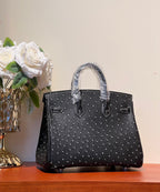 KELLY SELLIER 25 BAG IN BLACK OSTRICH LEATHER WITH WHITE RHINSTONES (MADE - TO - ODER)
