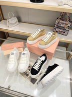 Miu Low Top Skateboard Shoes 50mm White Canvas Cowhide 456836