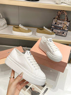 Miu Low Top Skateboard Shoes 50mm White Canvas Cowhide 456836
