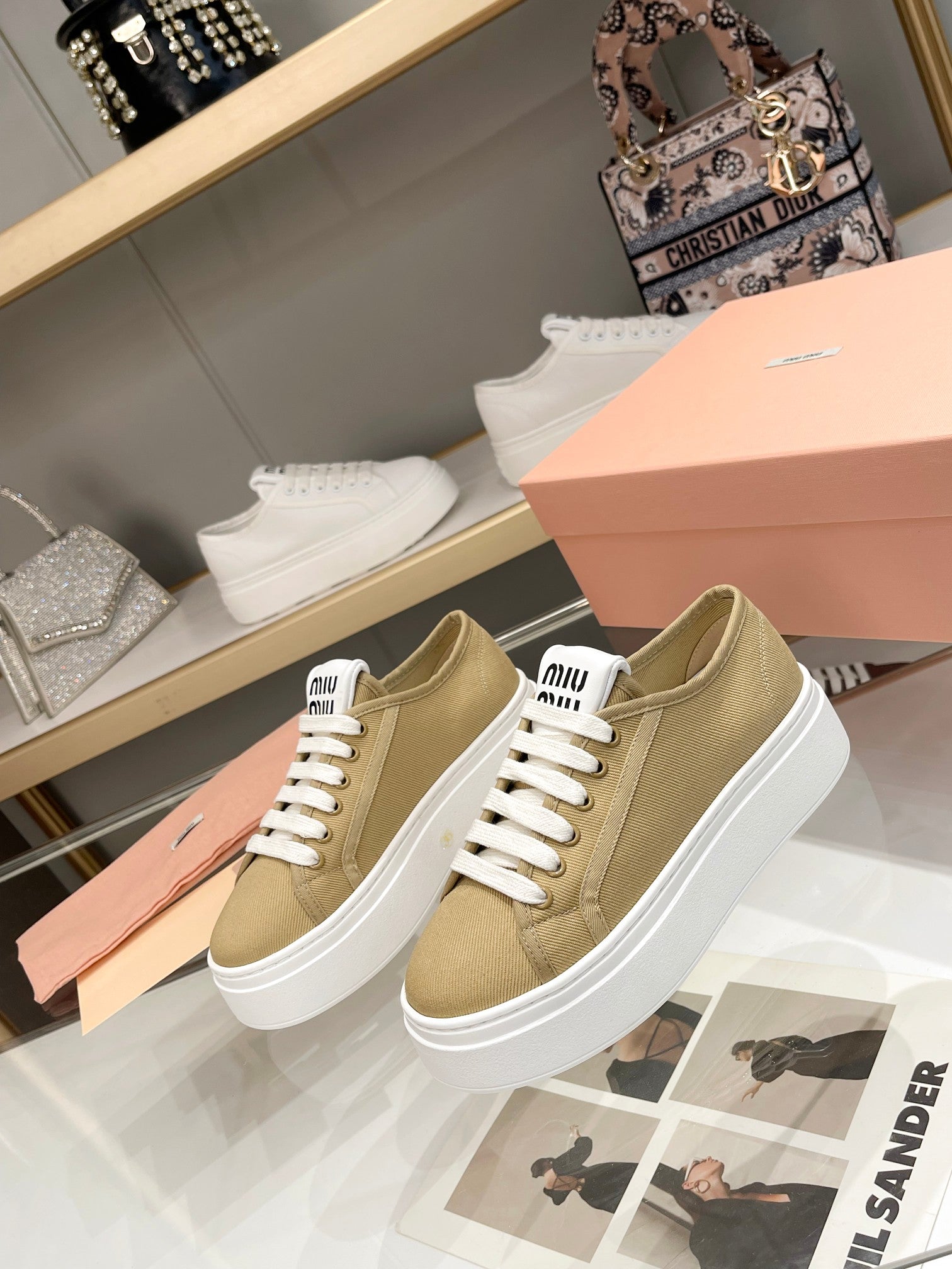 Miu Low Top Skateboard Shoes 50mm Golden Brown Canvas Cowhide 456835