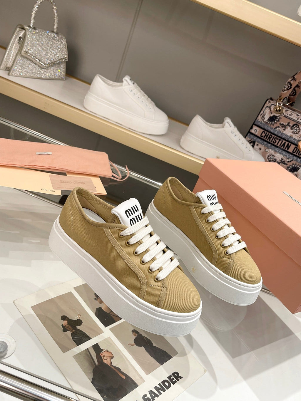 Miu Low Top Skateboard Shoes 50mm Golden Brown Canvas Cowhide 456835