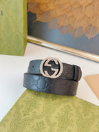 Gucci Supreme Belt Shiny Sliver Buckle 37mm Black Embossed Leather