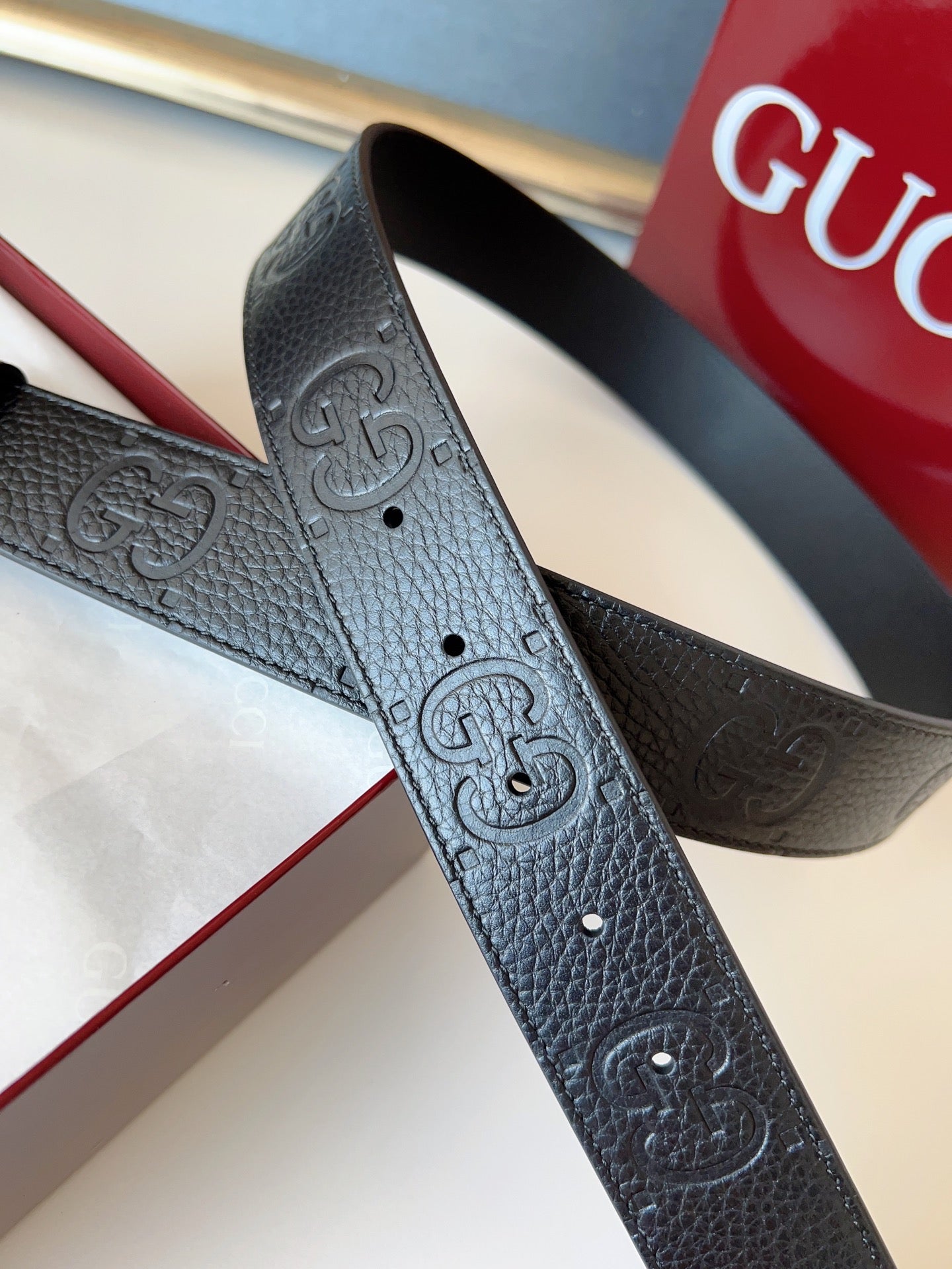 DOUBLE G MARMONT SHINY SLIVER BUCKLE 37MM BLACK EMBOSSED LEATHER