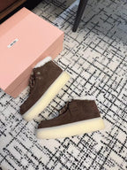 Miu Ankle Boots Chocolate Brown Fleece Lining Cow Suede