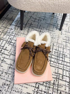 Miu Ankle Boots Brown Yellow Fleece Lining Cow Suede