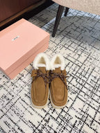 Miu Ankle Boots Brown Yellow Fleece Lining Cow Suede