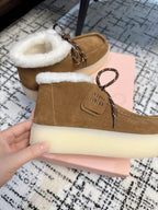 Miu Ankle Boots Brown Yellow Fleece Lining Cow Suede