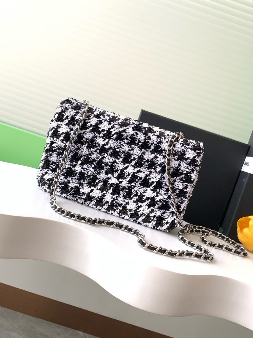 CC 25C White Black Sequin Silver Hardware