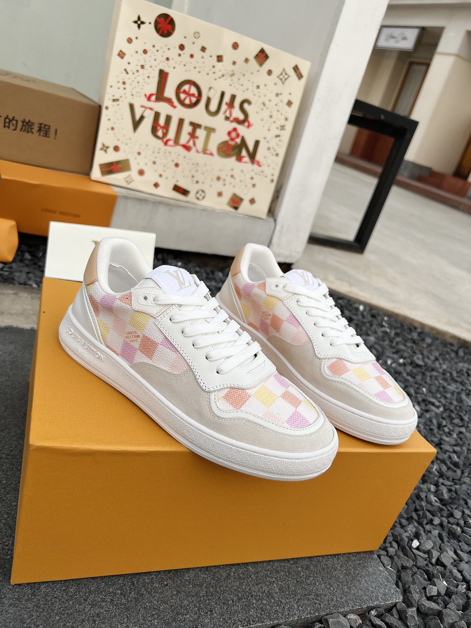 LV Groovy Sneaker White Pink Yellow Damier Canvas Suede 597684