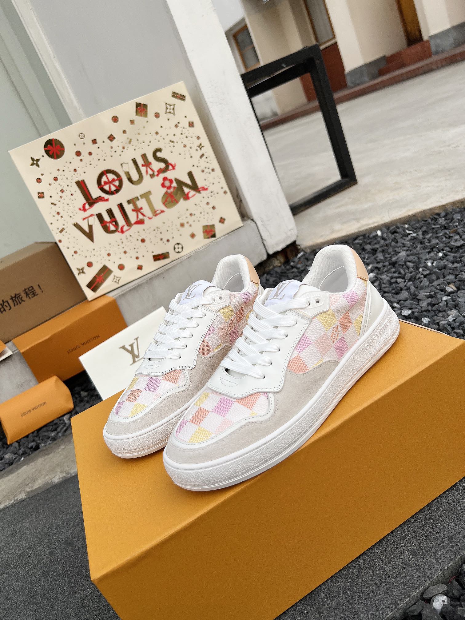 LV Groovy Sneaker White Pink Yellow Damier Canvas Suede 597684