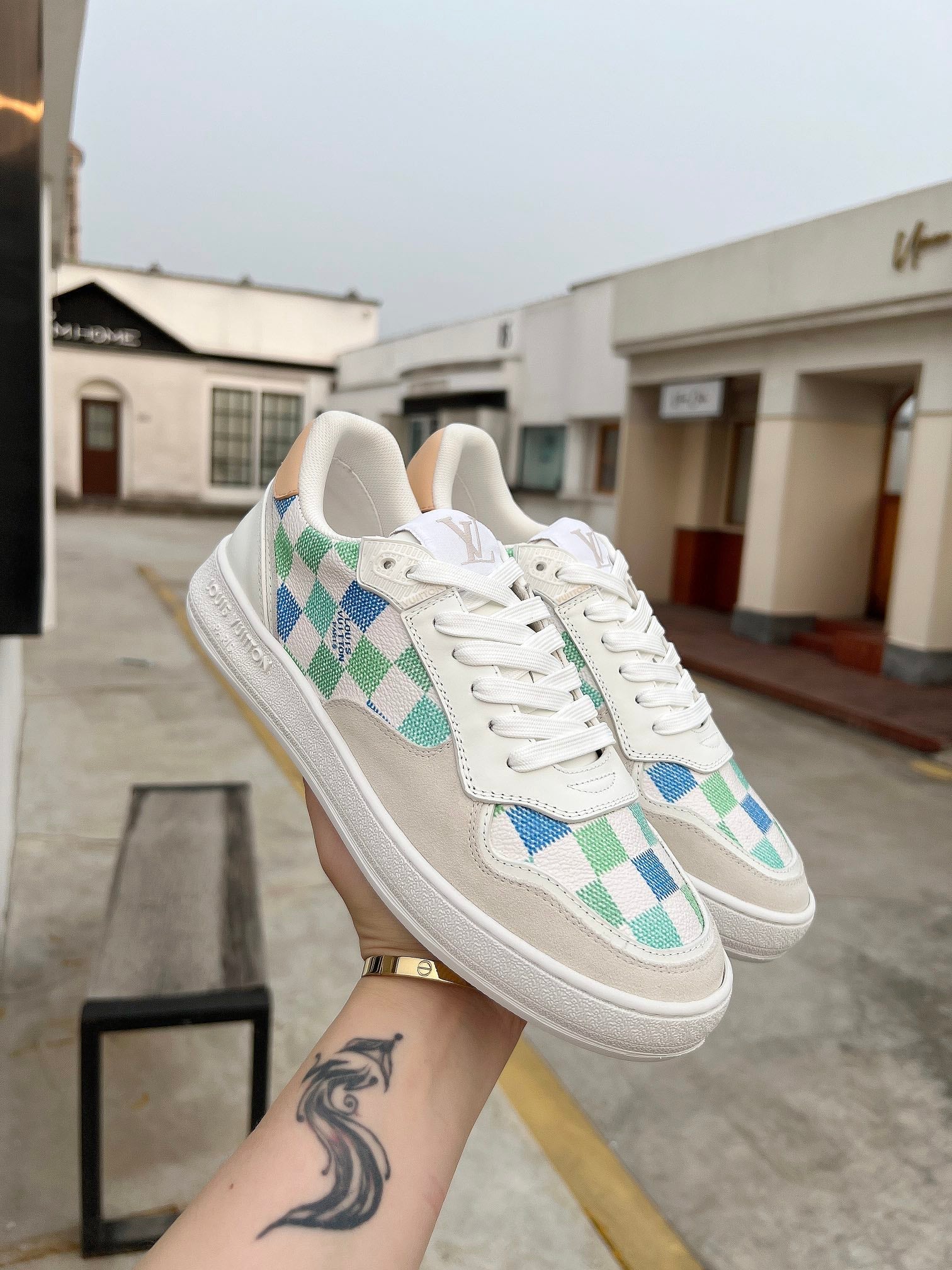 LV Groovy Sneaker White Blue Green Damier Canvas Suede 597683
