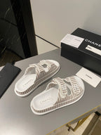dad sandal mule striped brown white fabric calfskin