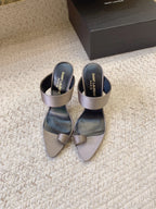 MARTHA POINTED OPEN-TOE HIGH MULES IN GRAY SILK