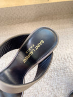 MARTHA POINTED OPEN-TOE HIGH MULES IN GRAY SILK