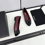 ballet flat flower burgundy calfskin black patent calfskin
