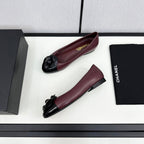 ballet flat flower burgundy calfskin black patent calfskin
