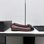 ballet flat flower burgundy calfskin black patent calfskin