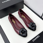 ballet flat flower burgundy calfskin black patent calfskin
