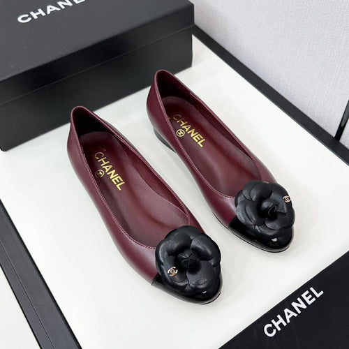 ballet flat flower burgundy calfskin black patent calfskin