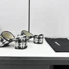 CC HIGH MULE IN WHITE MIX BLACK WOOL TWEED AND CALFSKIN