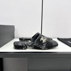 CC FLAT MULE IN BLACK WOOL TWEED AND CALFSKIN GOLD HARDWARE