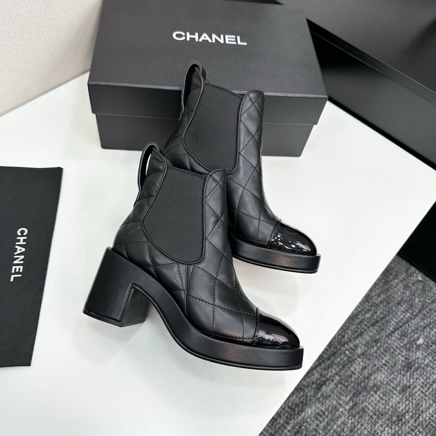 CC FW 25 Platform Ankle Boots  Black Patent and Quilted Leather 532621