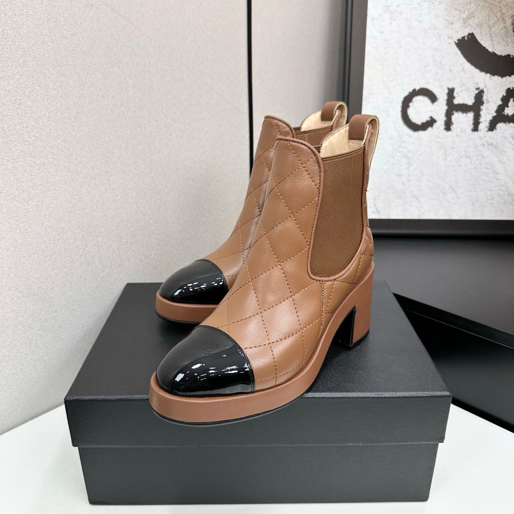 CC FW 25 Platform Ankle Boots  Brown Black Patent and Quilted Leather 532622