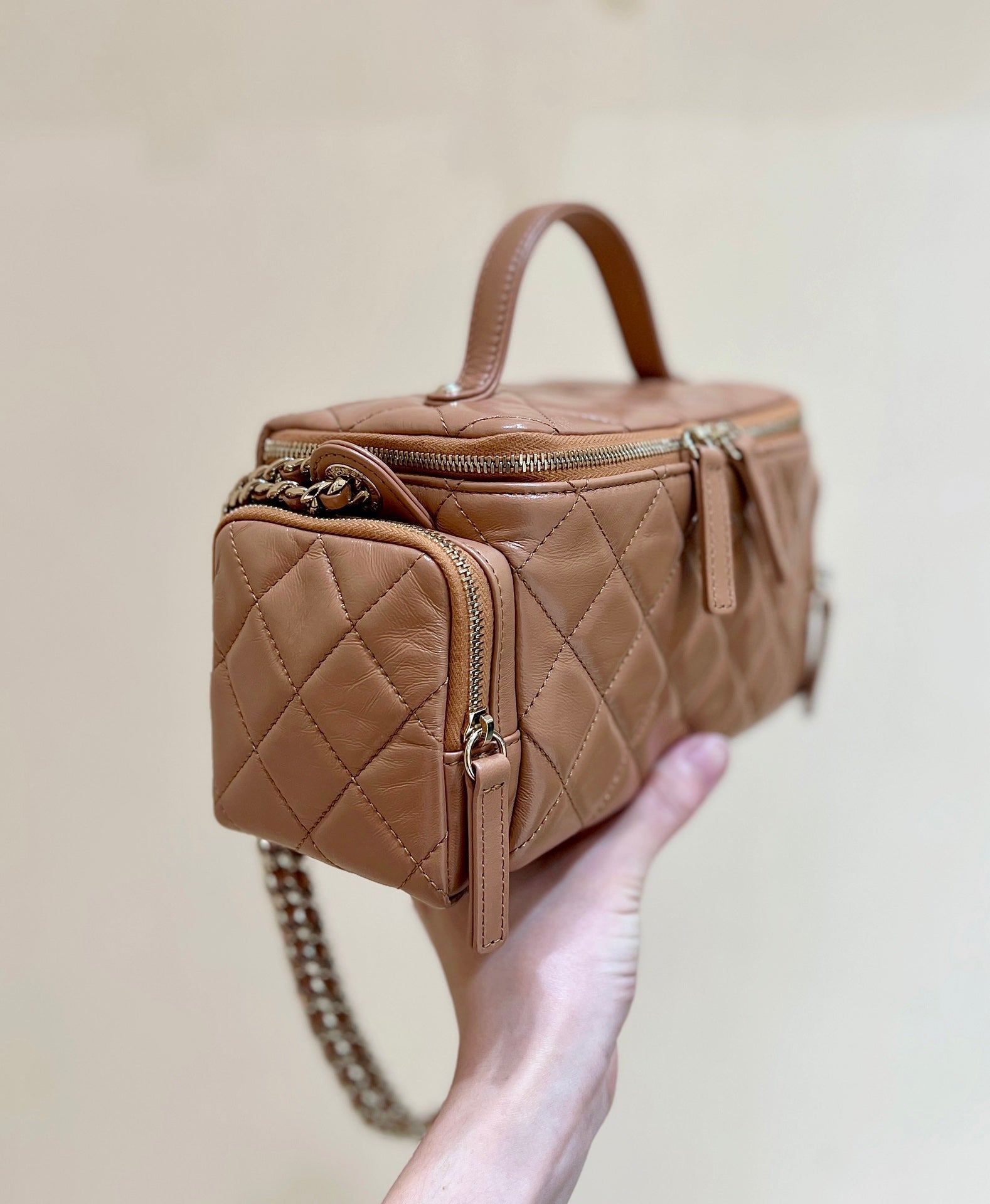 CC 24K Handle Camera Bag 23cm Brown Lambskin Light GHW