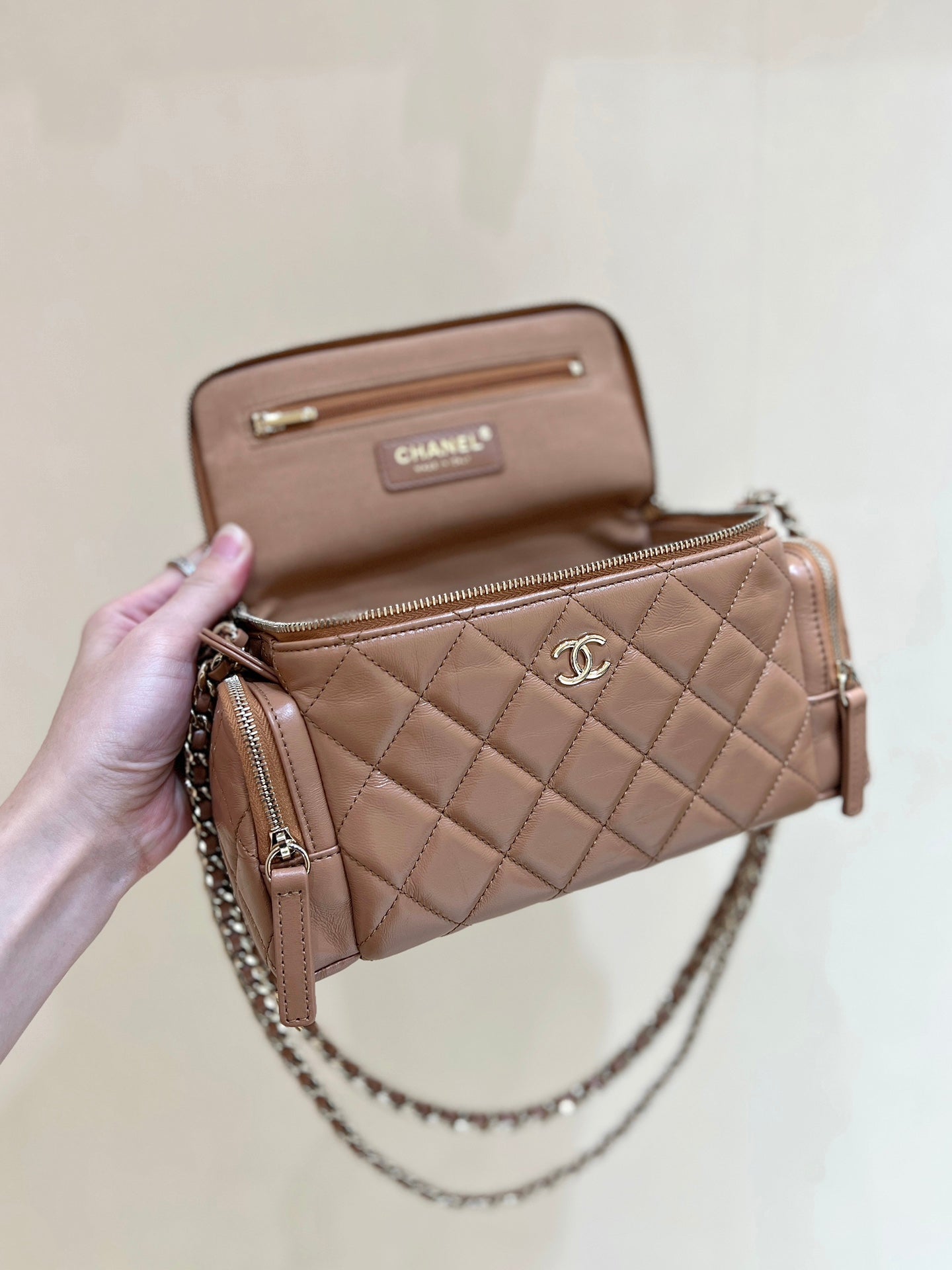 CC 24K Handle Camera Bag 23cm Brown Lambskin Light GHW