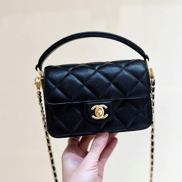 CC24K Mini Handle Flap Bag 16cm Black Caviar Light GHW