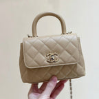 CC 24K Coco Hanle Nano 18cm Beige Grained Calfskin Gold Hardware