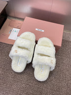 Miu Velcro Slippers White Lambswool 508825