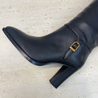 YSL 2025 High-Heeled Pointed-Toe Knee-High Rider Boot Black Calfskin 574018