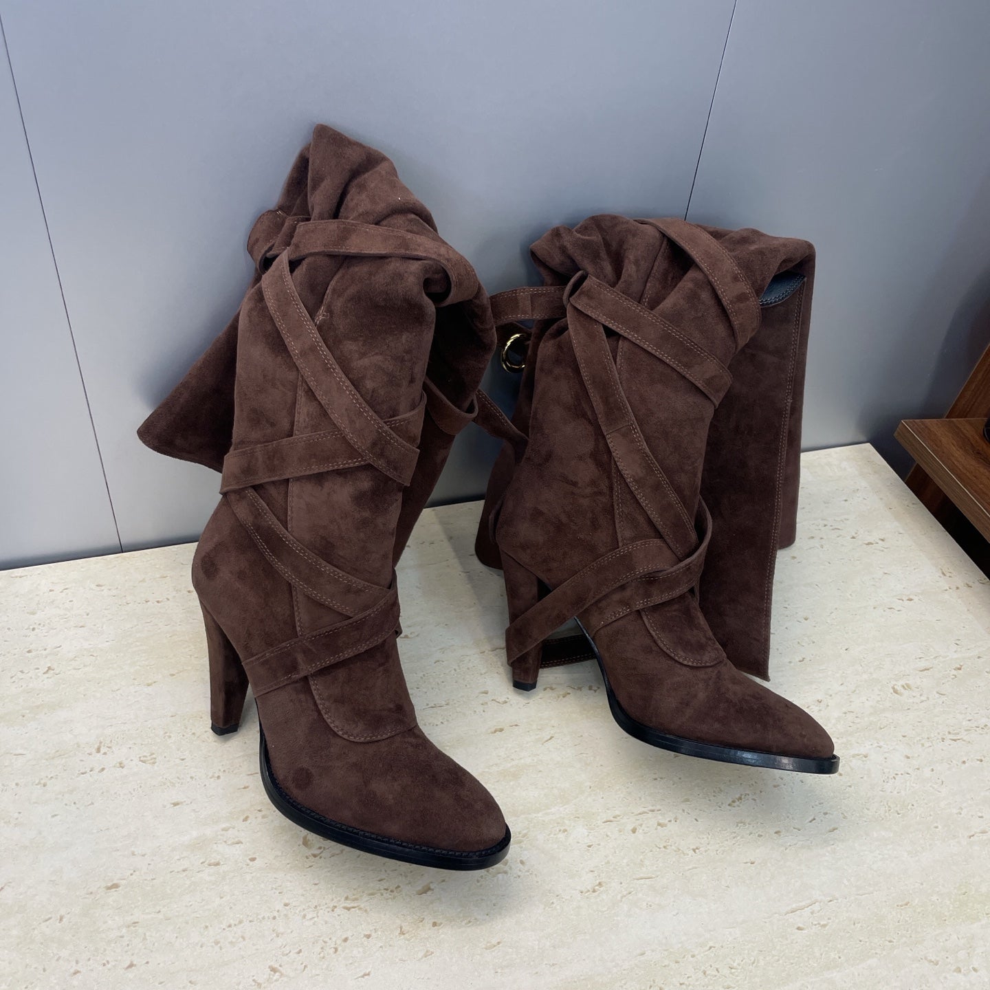 YSL 2025 Chunky Heel Pointed Toe Over-the-Knee Rider Boot Brown Suede 574019
