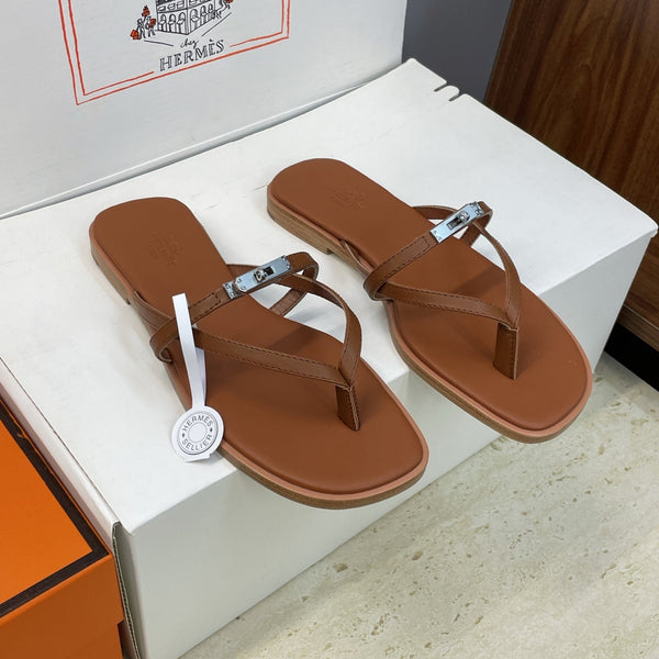 HM 26ss Kelly  Sliver Buckle Slipper Brown Calfskin 607155