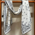 CC Scarf 185 CM In White Black Printed Pattern Cashmere Silk 371904