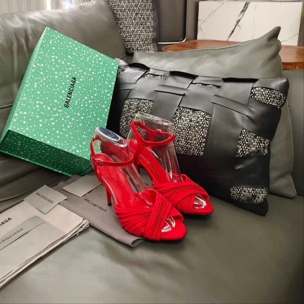 Balenciaga 26s Peep-Toe Sandals 95 Red Silk Satin Leather 681215