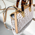 BY THE WAY MINI 18 IN WHITE WOOL AND CAMEL BROWN RAFFIA CALFSKIN TRIM