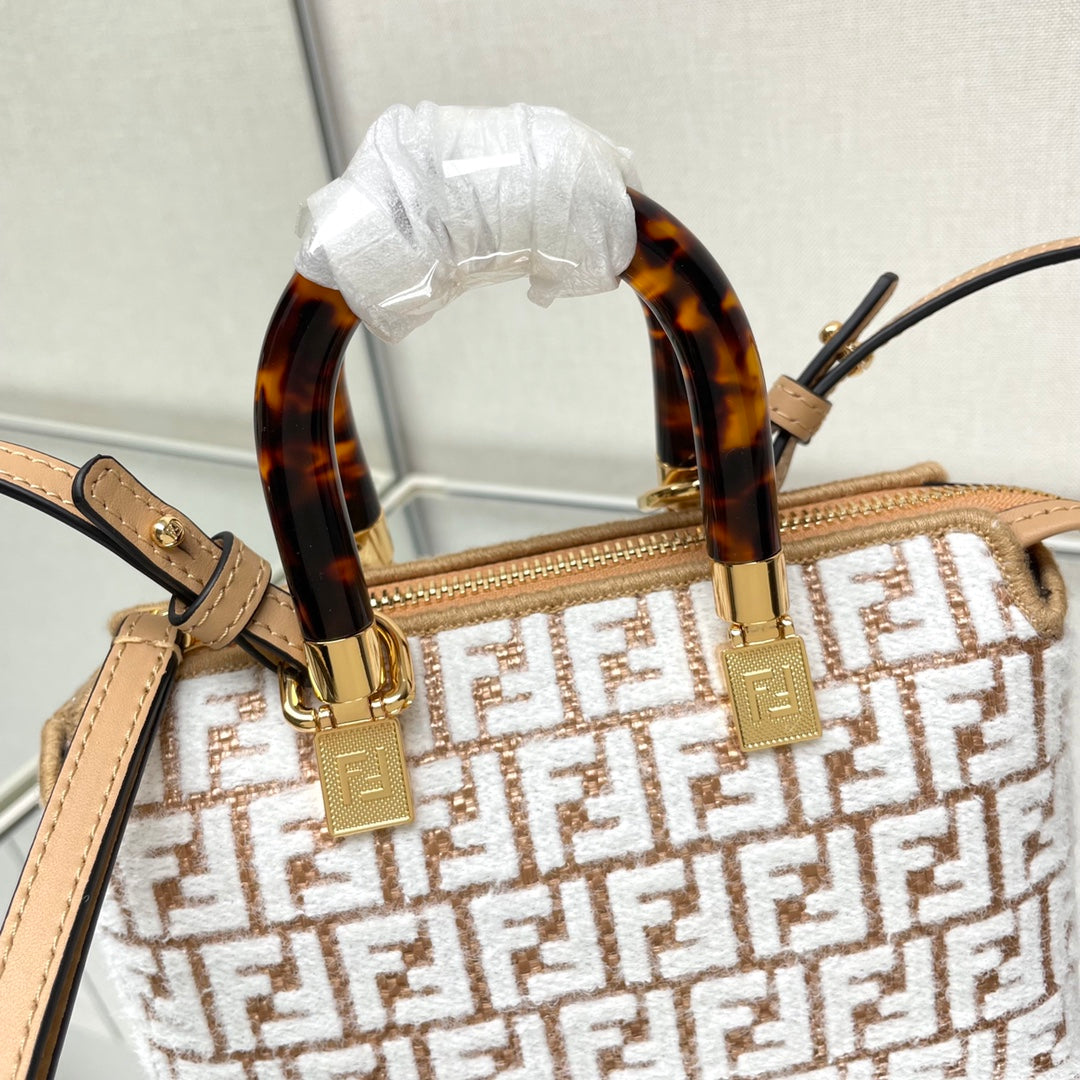 BY THE WAY MINI 21 IN WHITE WOOL AND CAMEL BROWN RAFFIA CALFSKIN TRIM