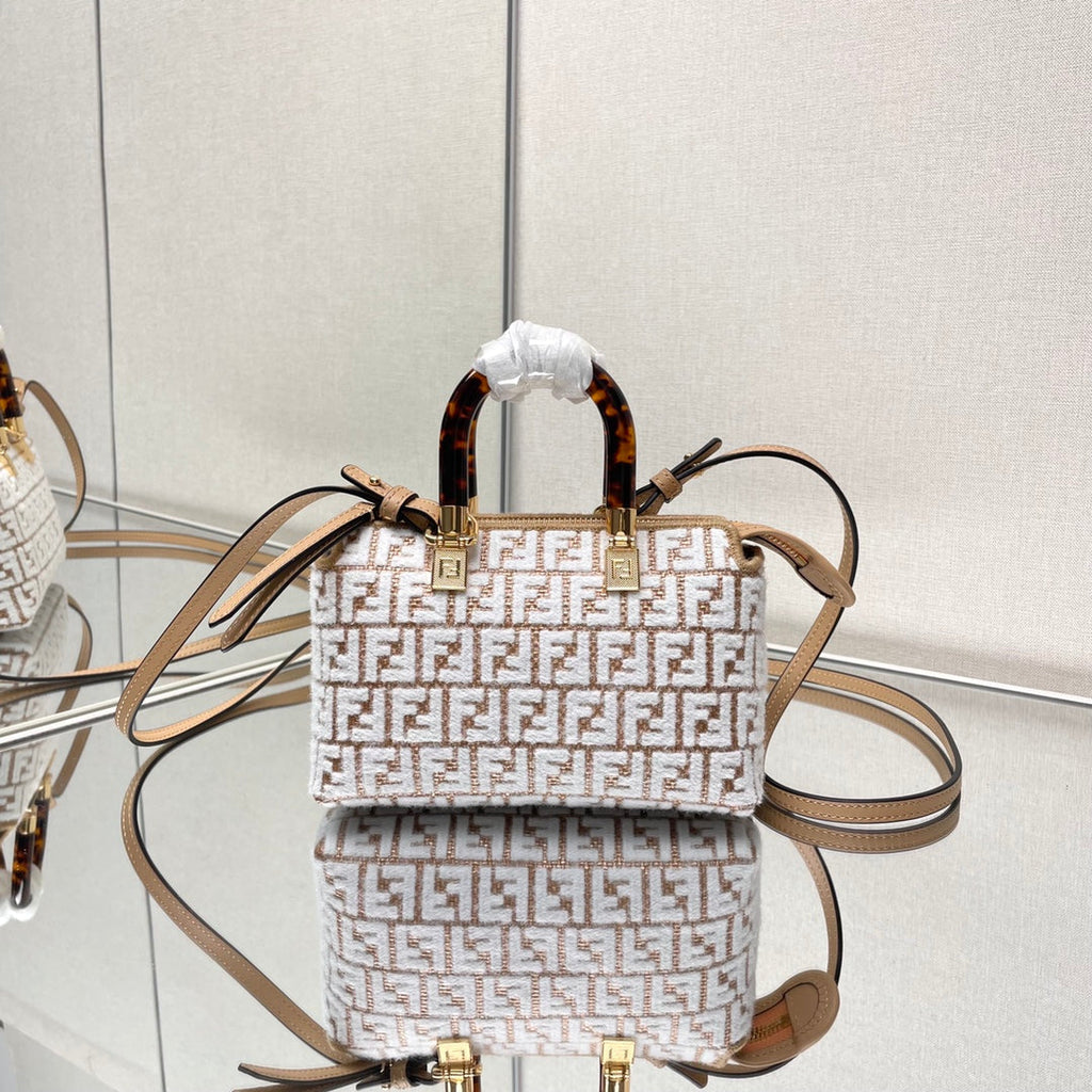 BY THE WAY MINI 18 IN WHITE WOOL AND CAMEL BROWN RAFFIA CALFSKIN TRIM