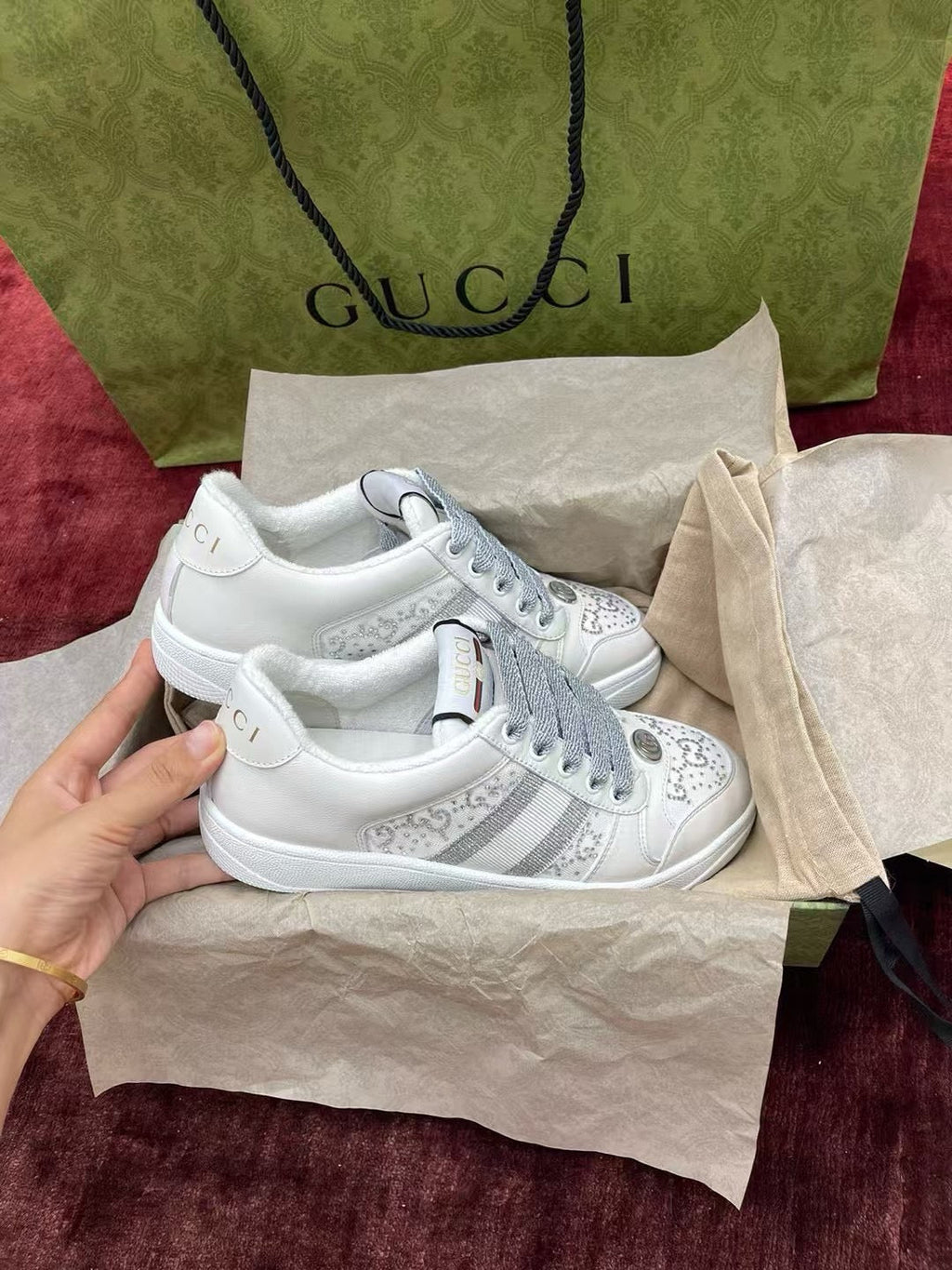GG Screener Trainer Sneakers White Light Grey Cowhide Frabic 502168